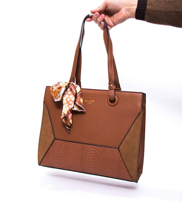 Grand sac à main / Porté épaule " Gallantry Paris " avec foulard - Marron – Image 2