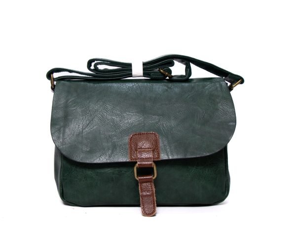 Sac bandoulière " Paola Bags " rectangulaire à triple compartiments - Vert foncé / Finitions marron