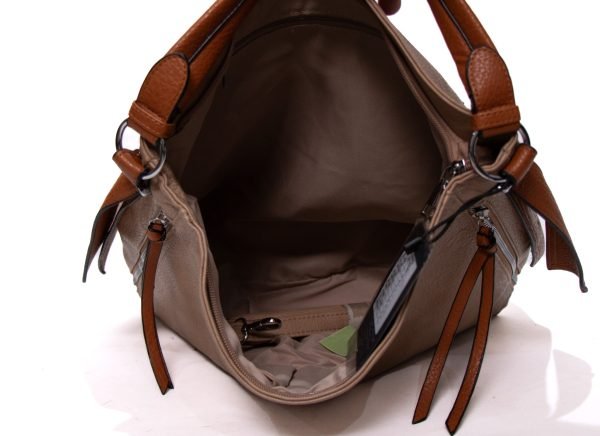 Grand sac bandoulière " Erick Style " avec deux poche décorative de coté - Taupe / Finitions marron – Image 5