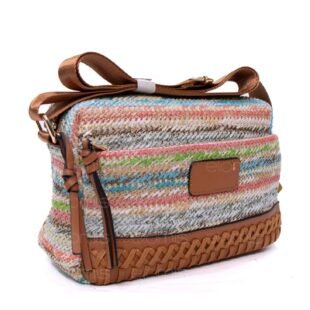 Sac bandoulière ” Parrot King ” effet arrondi à 3 compartiments en tissus avec bande décorative – Nuances de beige / Multicolore 2