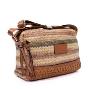 Sac bandoulière ” Parrot King ” effet arrondi à 3 compartiments en tissus avec bande décorative – Nuances de beige 2 / Finitions marron